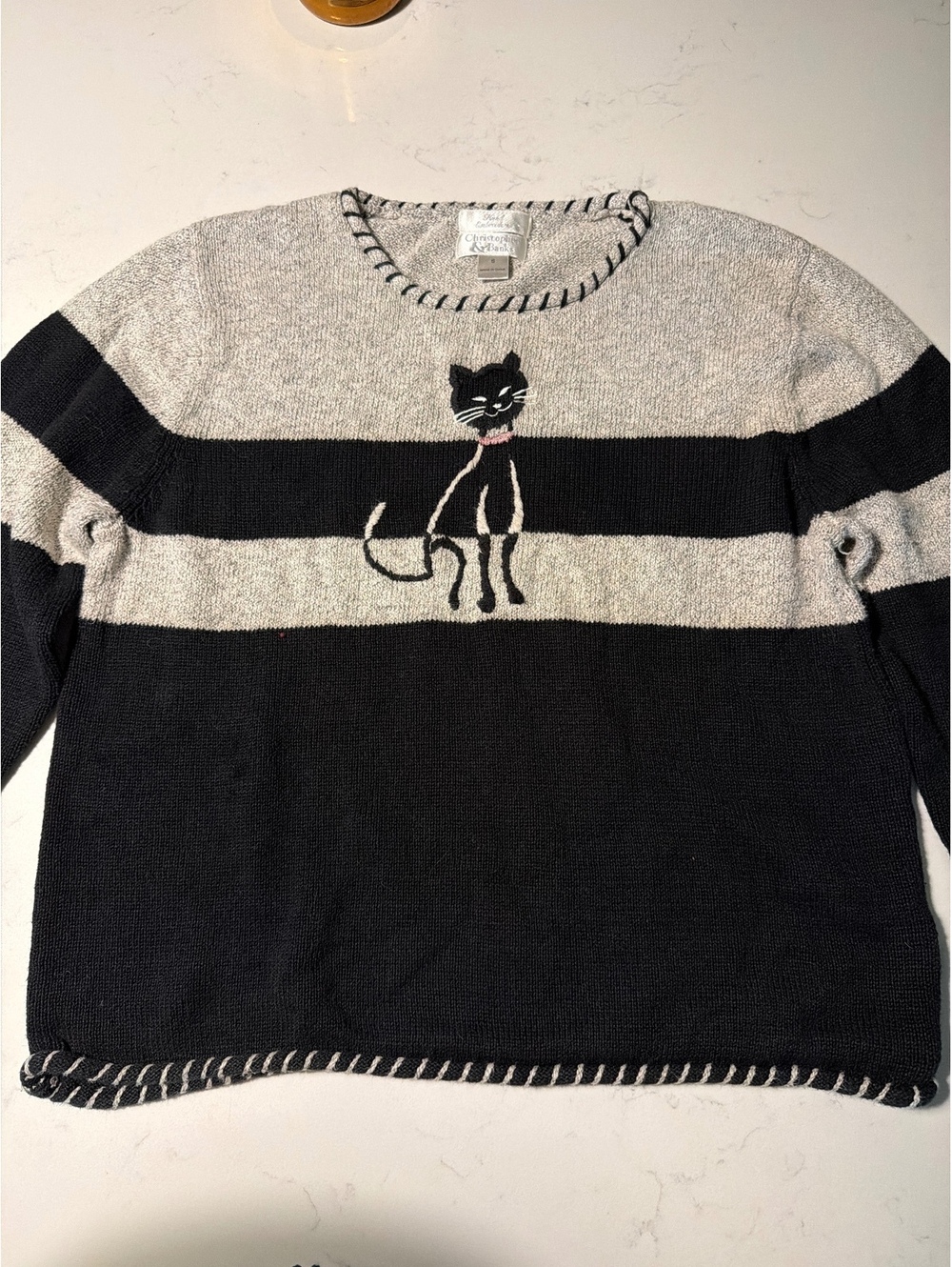 Vintage Christopher & Banks Cat Sweater French European Y2K striped black gray S